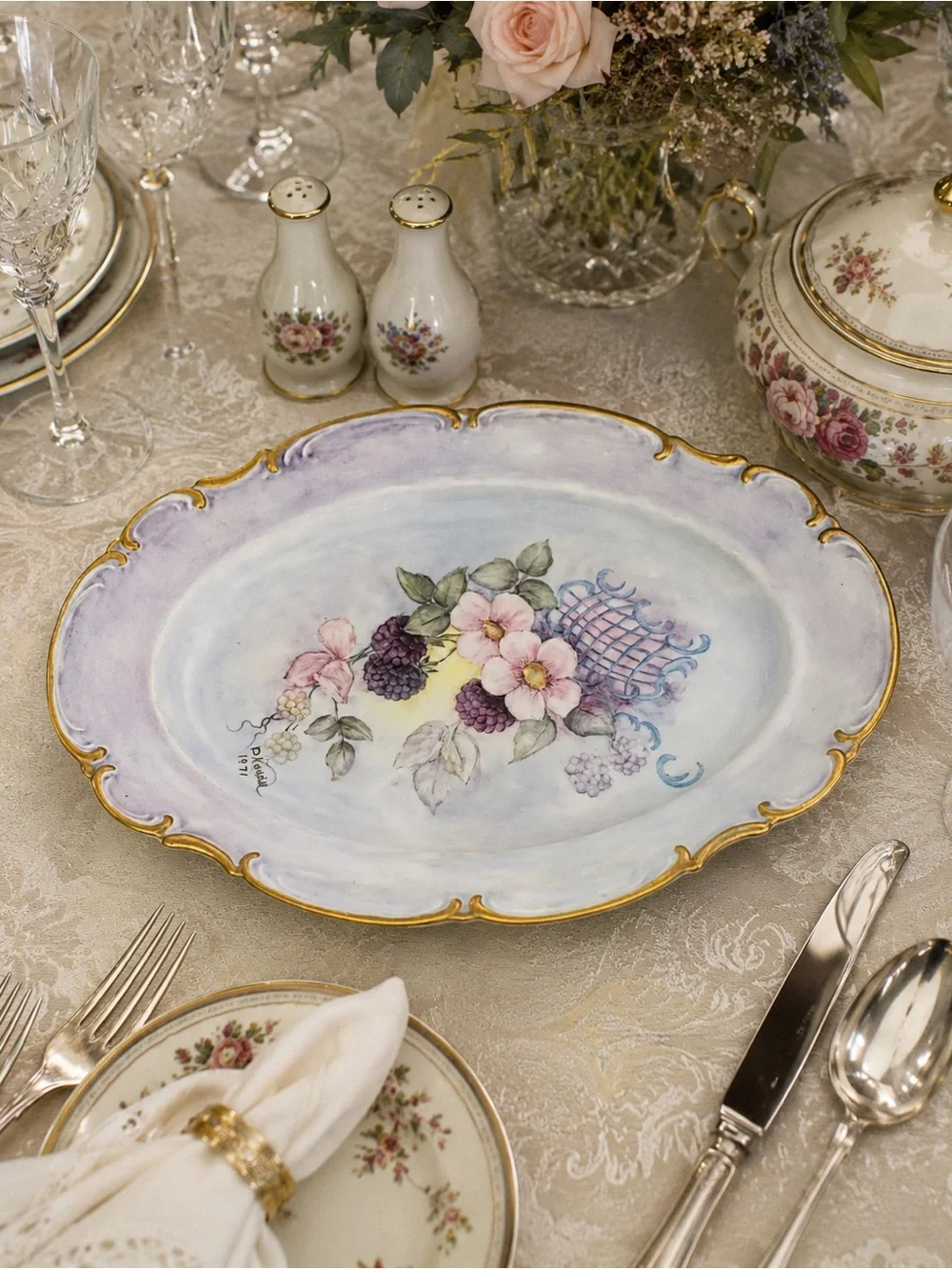 Vintage 1971 Hutschenreuther Sylvia Bavaria Hand-Painted Floral Serving Platter